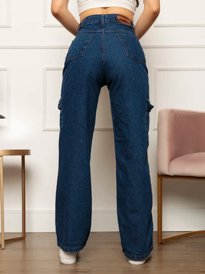 Calça Jeans Alice Wide Leg Cargo Cintura Alta Tecido Grosso 100% Jeans