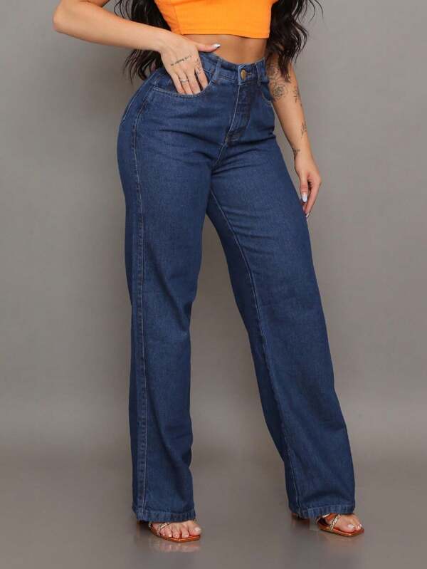 Calça Jeans Laisa Wide Leg Cintura Alta Tecido Grosso 100% Jeans