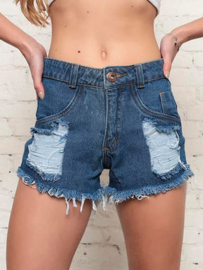 Shorts Jeans Manuela Cintura Alta Tecido Grosso 100% Jeans Rasgado Destroyed