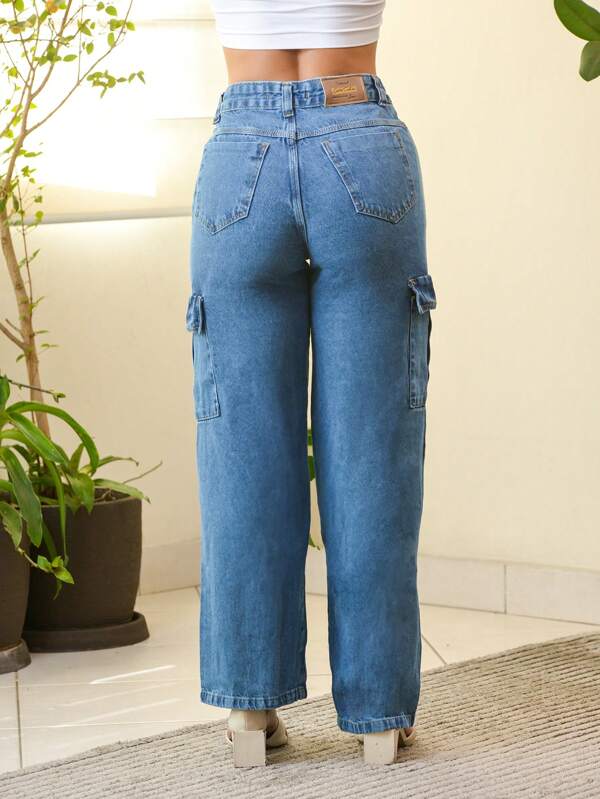 Calça Jeans Tamy Wide Leg Cargo Cintura Alta Tecido Grosso 100% Jeans