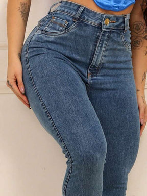 Calça Jeans Maitê Skinny Tecido Premium Marmorizada Lisa Cintura Alta Empina Bumbum