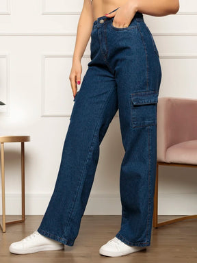 Calça Jeans Alice Wide Leg Cargo Cintura Alta Tecido Grosso 100% Jeans