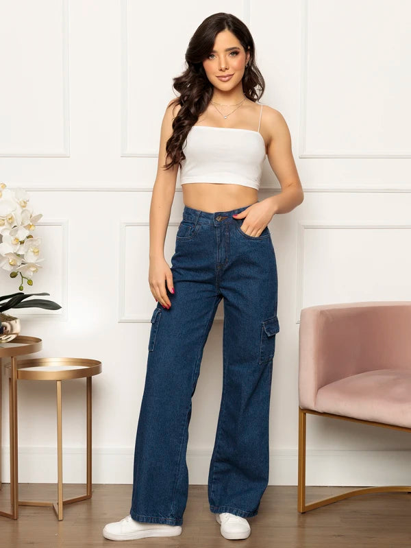 Calça Jeans Alice Wide Leg Cargo Cintura Alta Tecido Grosso 100% Jeans