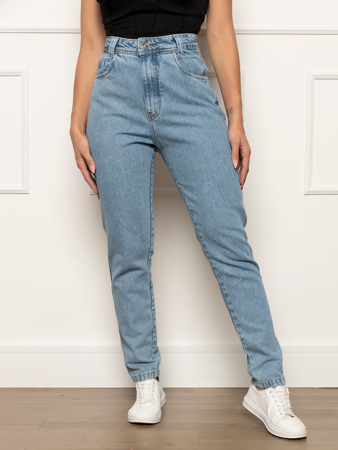 Calça Jeans Karen Mom Cintura Alta Tecido Grosso 100% Jeans Luxo