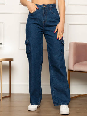 Calça Jeans Alice Wide Leg Cargo Cintura Alta Tecido Grosso 100% Jeans